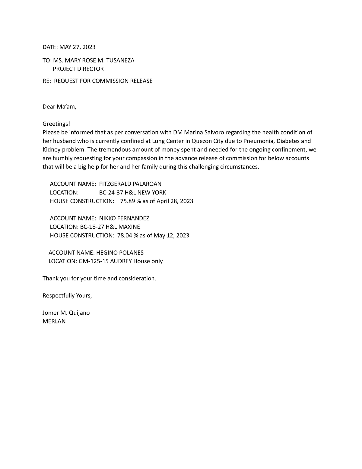 Request Letter - NO THANKS - DATE: MAY 27, 2023 TO: MS. MARY ROSE M ...