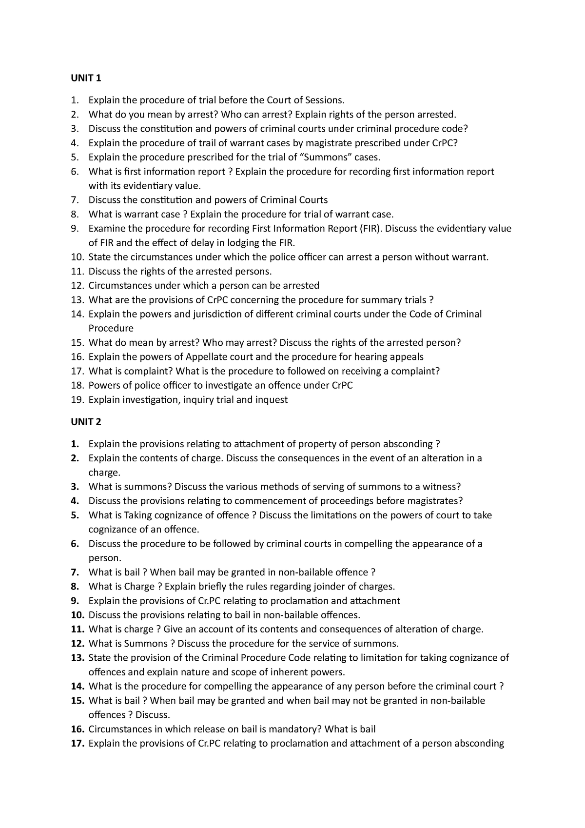 Cr PC Questions - CrpC - UNIT 1 Explain the procedure of trial before ...