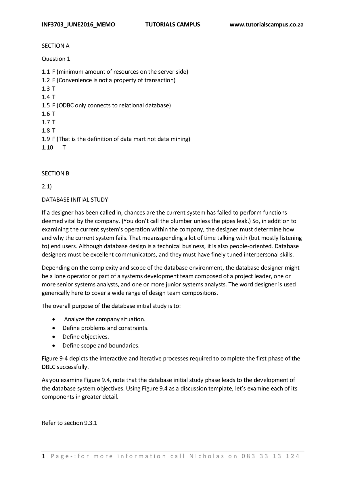 2016 May June Memo - Exam - SECTION A Question 1 1 F (minimum amount of ...