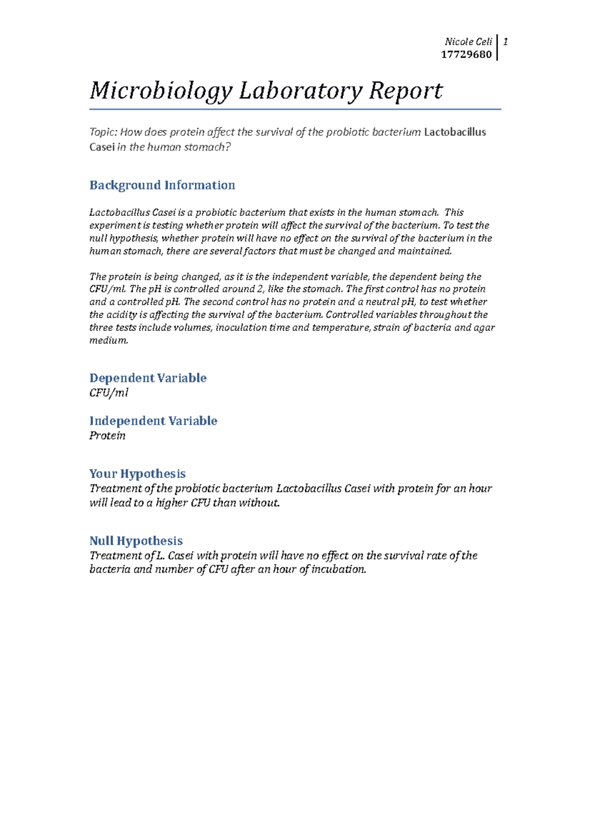 Seminar assignments Lab report 17729680 Microbiology Laboratory Report Topic How does