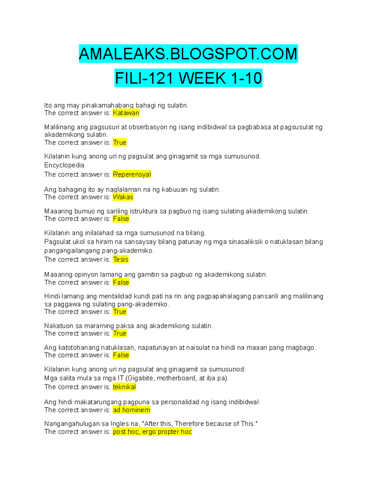 [ Amaleaks. Blogspot.COM] FILI-121-WEEK-1-10 - AMALEAKS FILI-121 WEEK 1- Ito ang may