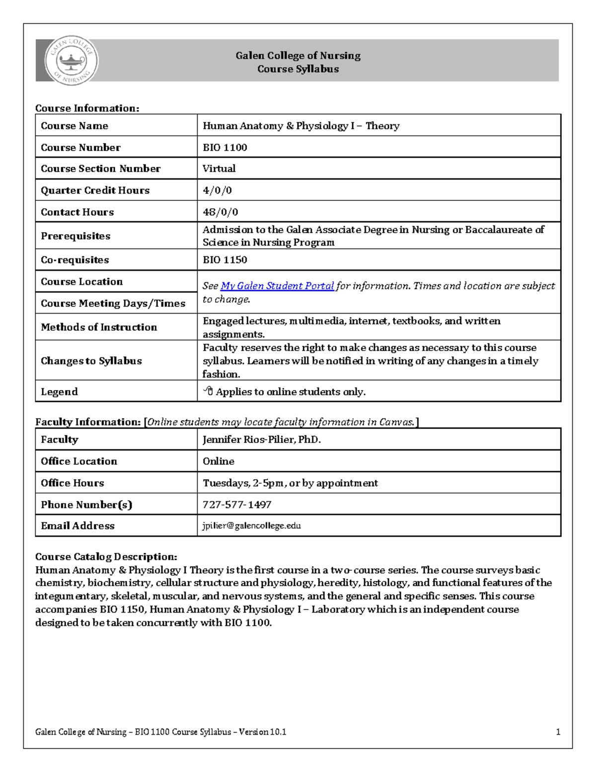 Bio 1100 Syllabus Version 10 1 Spring 2021 Jrios Pilier Virtual Galen Bio 1100 Syllabus Version 10 1 Spring 2021 Jrios Pilier Virtual Galen