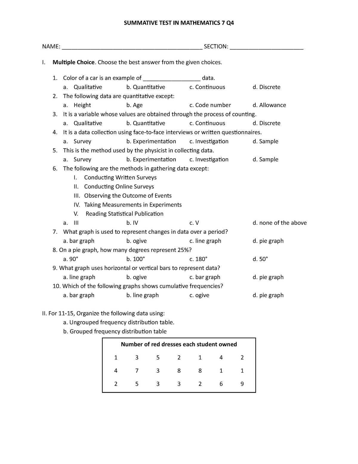 Summative TEST IN Mathematics 7 Q4 - SUMMATIVE TEST IN MATHEMATICS 7 Q ...