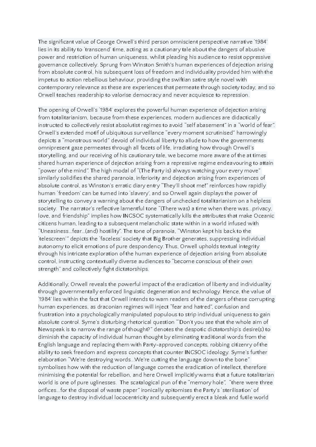 Essay Response on 1984 Individuality and Totalitarianism - Studocu