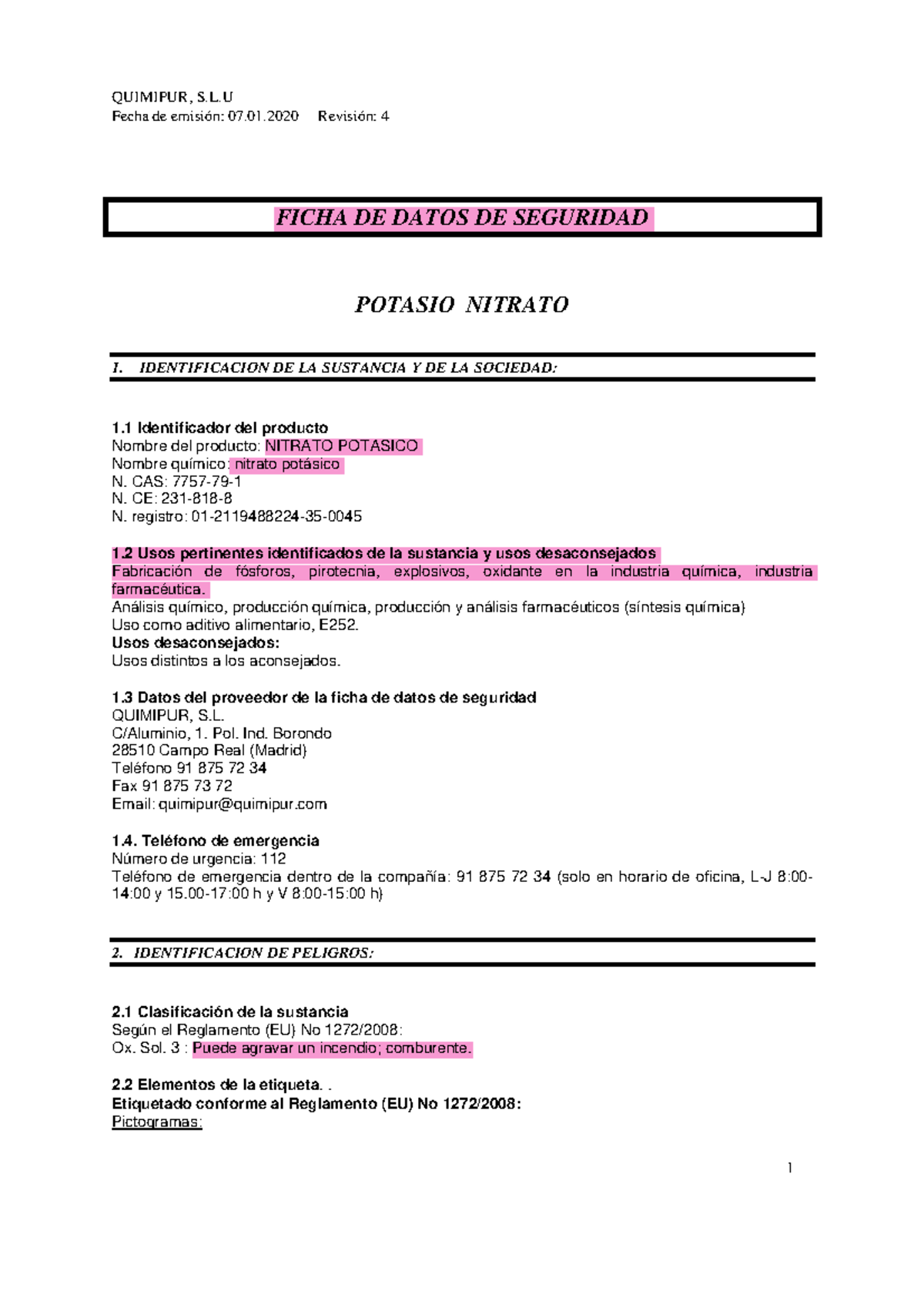 KNO3 hoja de seguridad Equipo 2 Fecha de emisión 07.01 Revisión 4