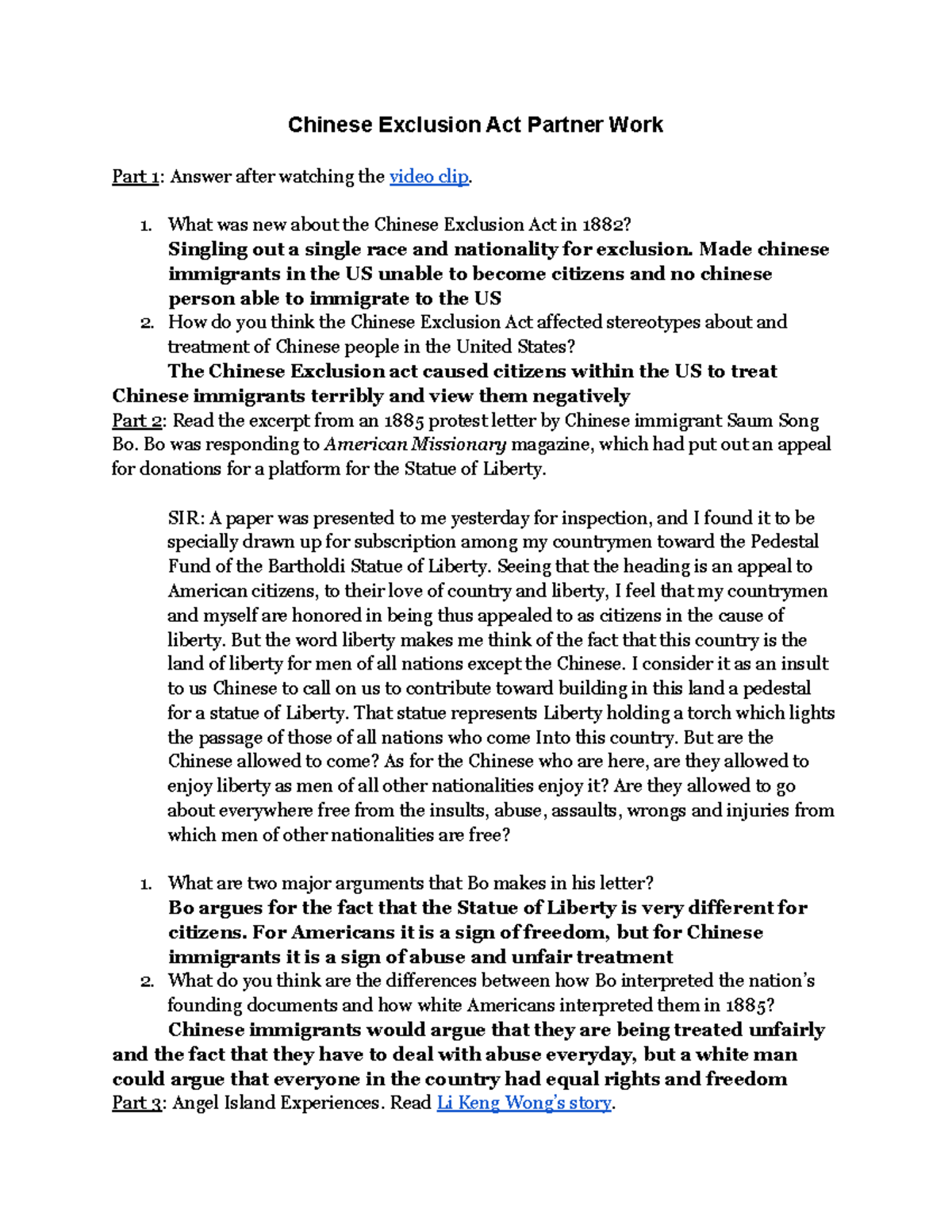 Chinese Exclusion Act Lesson Chinese Exclusion Act Partner Work Part