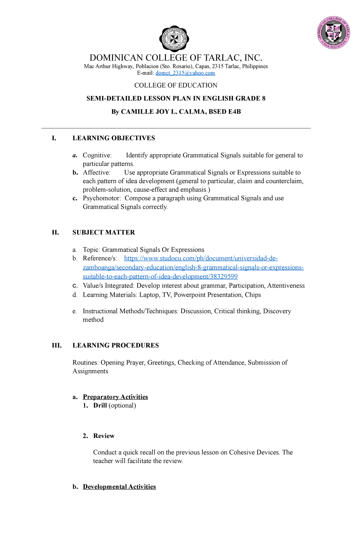 SDLP - Grammatical Signals - DOMINICAN COLLEGE OF TARLAC, INC. Mac ...