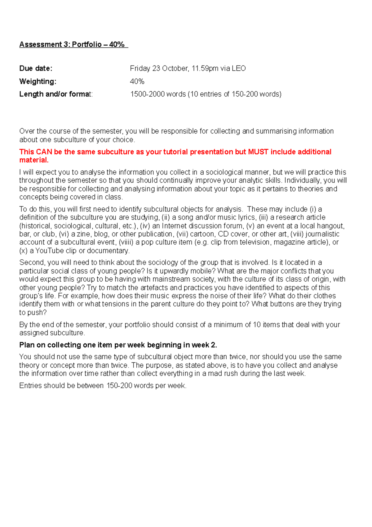 Assignment 3 Porfolio - Assessment 3: Portfolio – 40% Due date: Friday ...
