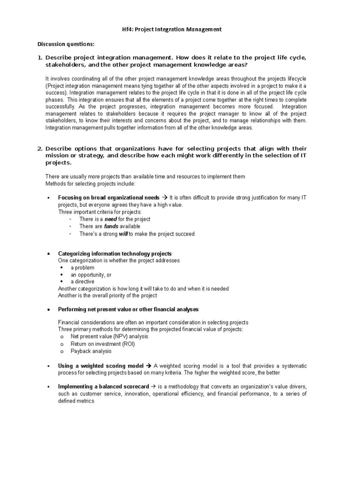 Ch 4 opsomming - Summary of Chapter 4 - Hf4: Project Integration ...