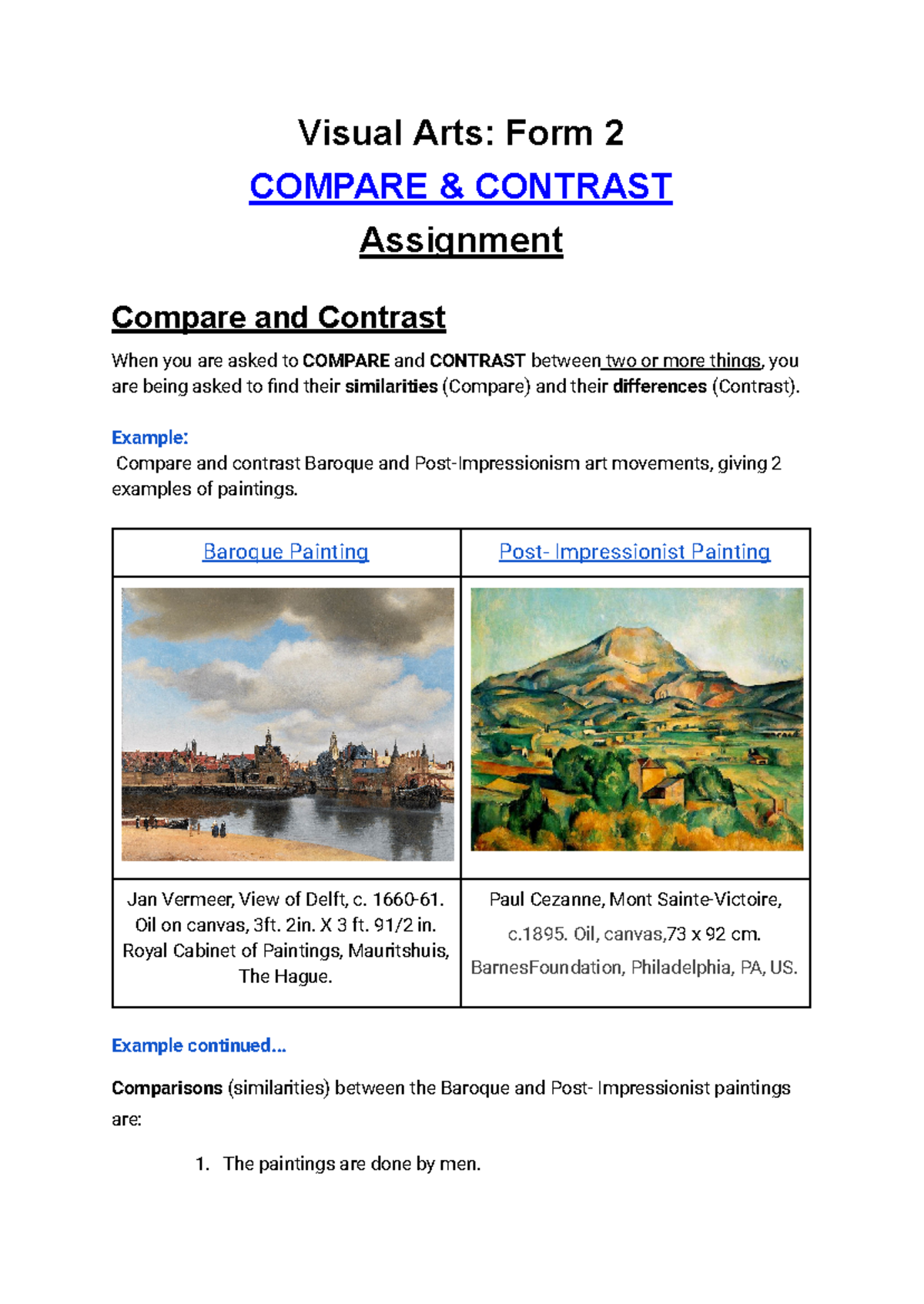Assignment - 2024 - Visual Arts: Form 2 COMPARE & CONTRAST Assignment ...