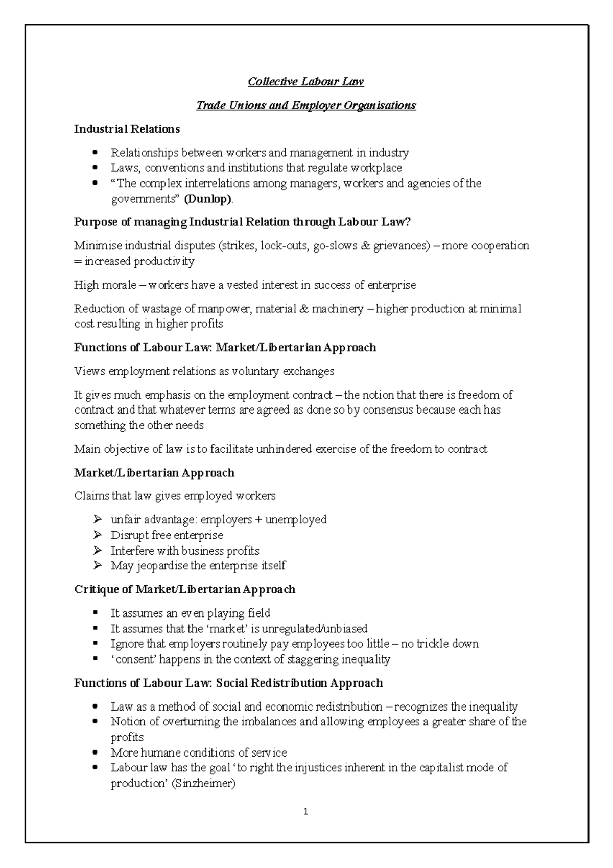 Collective Labour Law - law notes - Collective Labour Law Trade Unions ...