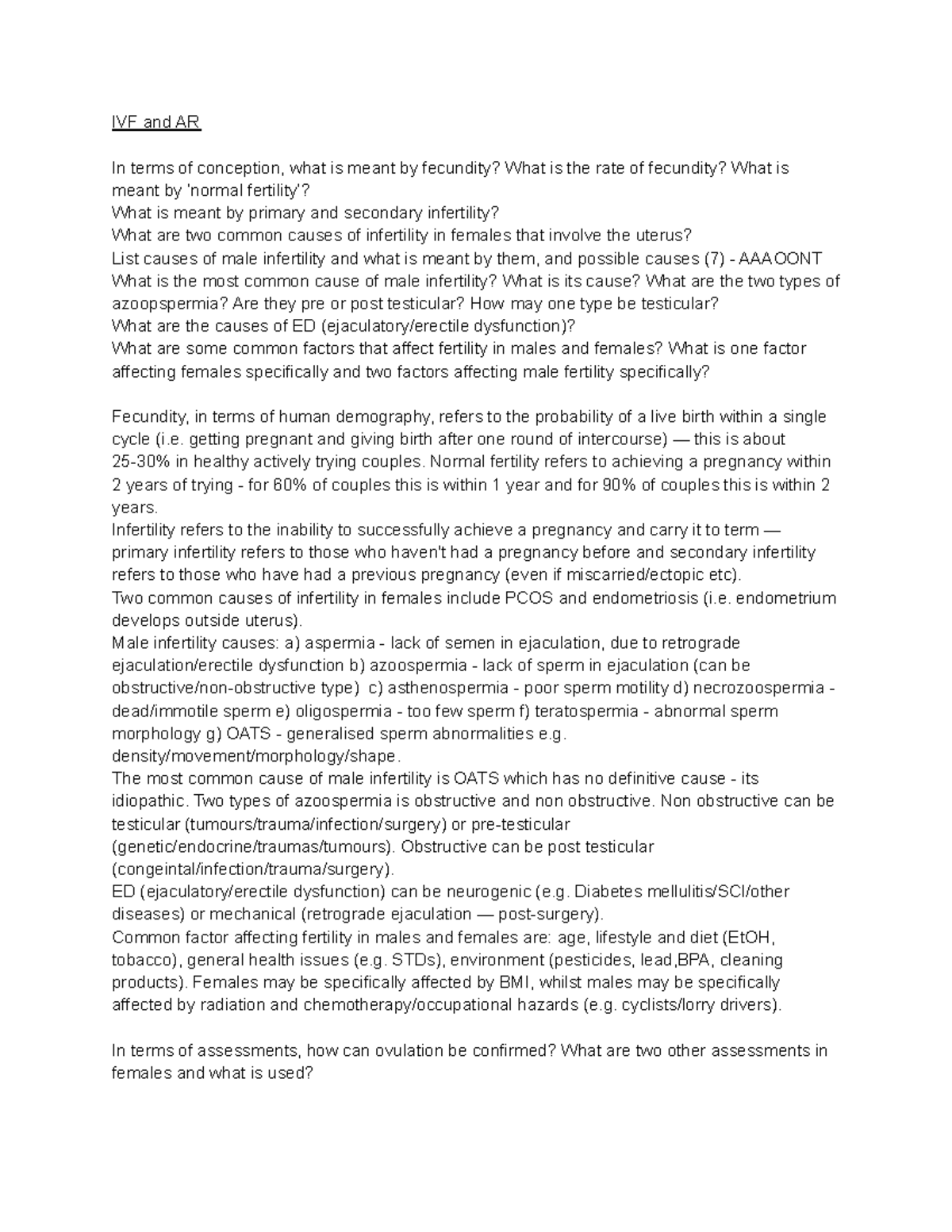 30 IVF and AR This is a compilation of notes that I wrote to help me revise for the anatomy