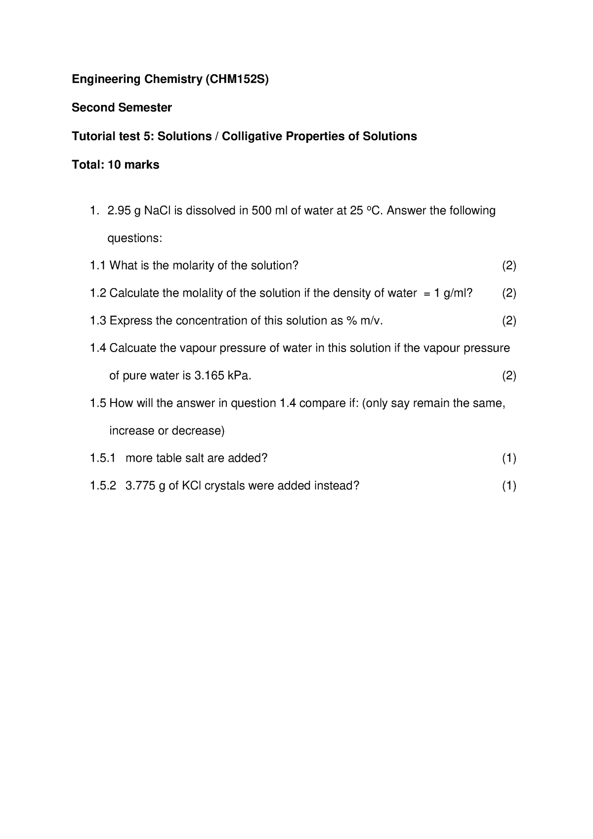 Tutorial Test Solutions - Engineering Chemistry (CHM152S) Second ...