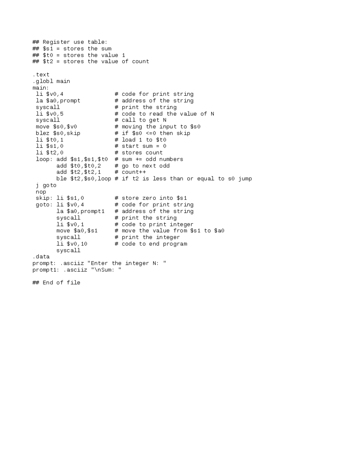 Program-8 - Program 8 - Register use table: $s1 = stores the sum $t0 ...