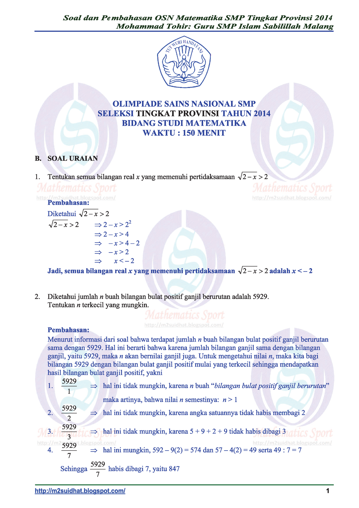 Soal Dan Pembahasan OSN Matematika SMP Tingkat Provinsi B - Pendidikan ...