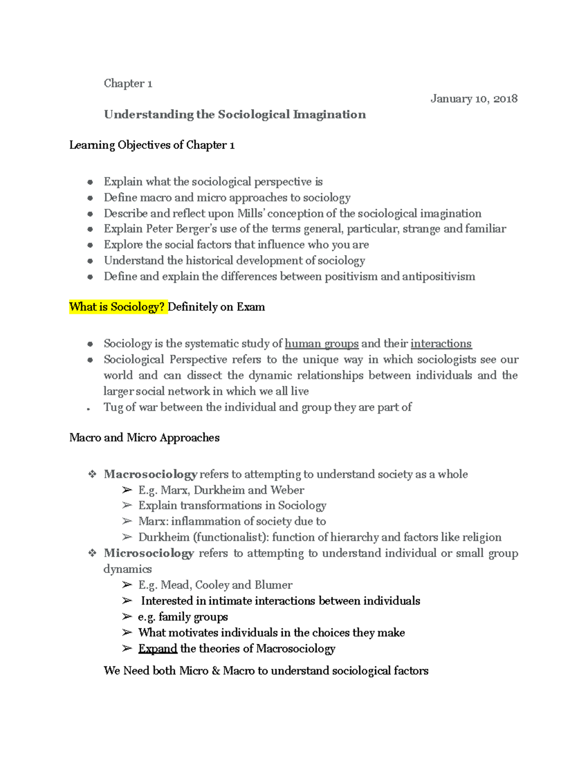 Sociol 1Z03- Test 1 Material - Chapter 1 January 10, 2018 Understanding ...