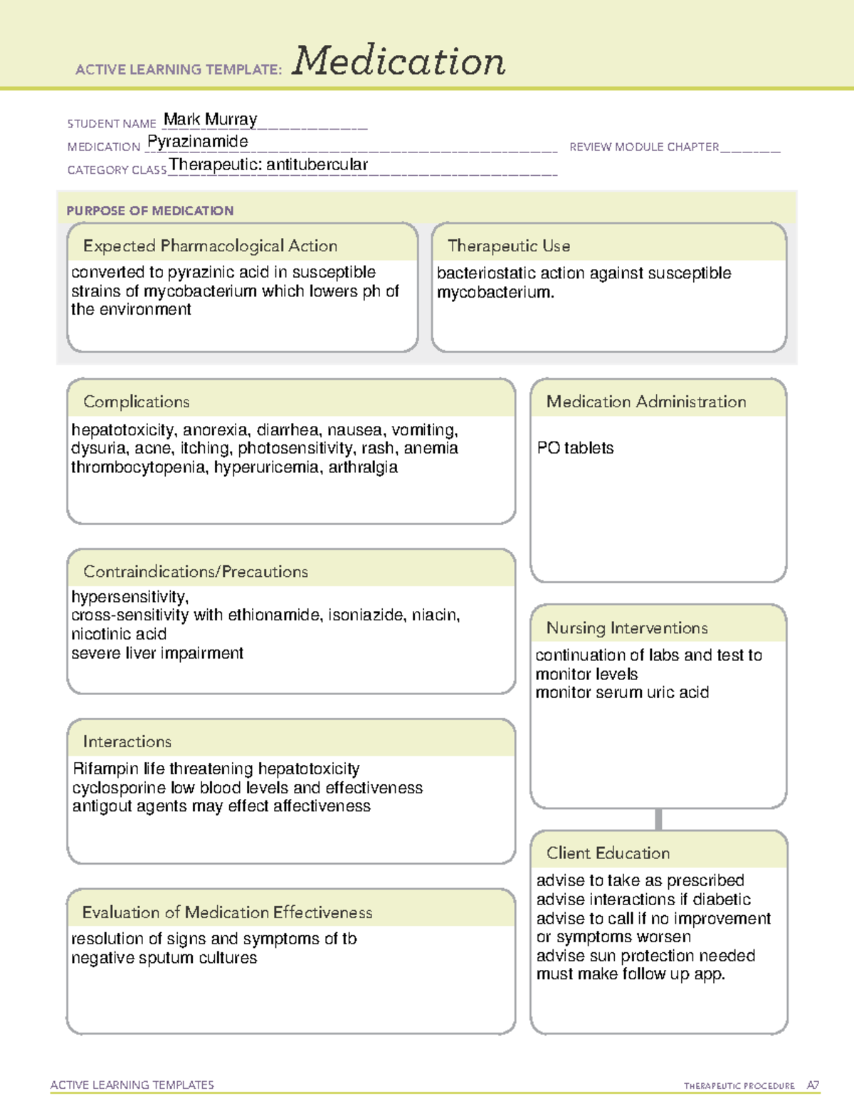 ATI Med template Pyrazinamide - ACTIVE LEARNING TEMPLATES TherapeuTic ...