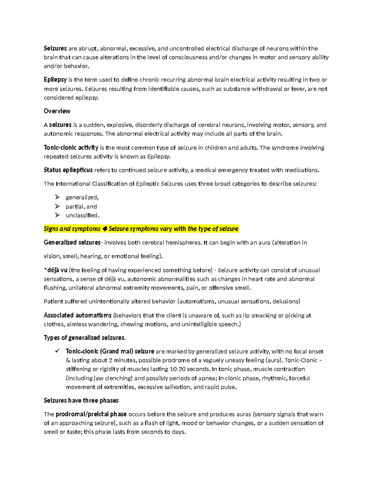 Notes-in-Seizures - seizures - Seizures are abrupt, abnormal, excessive ...