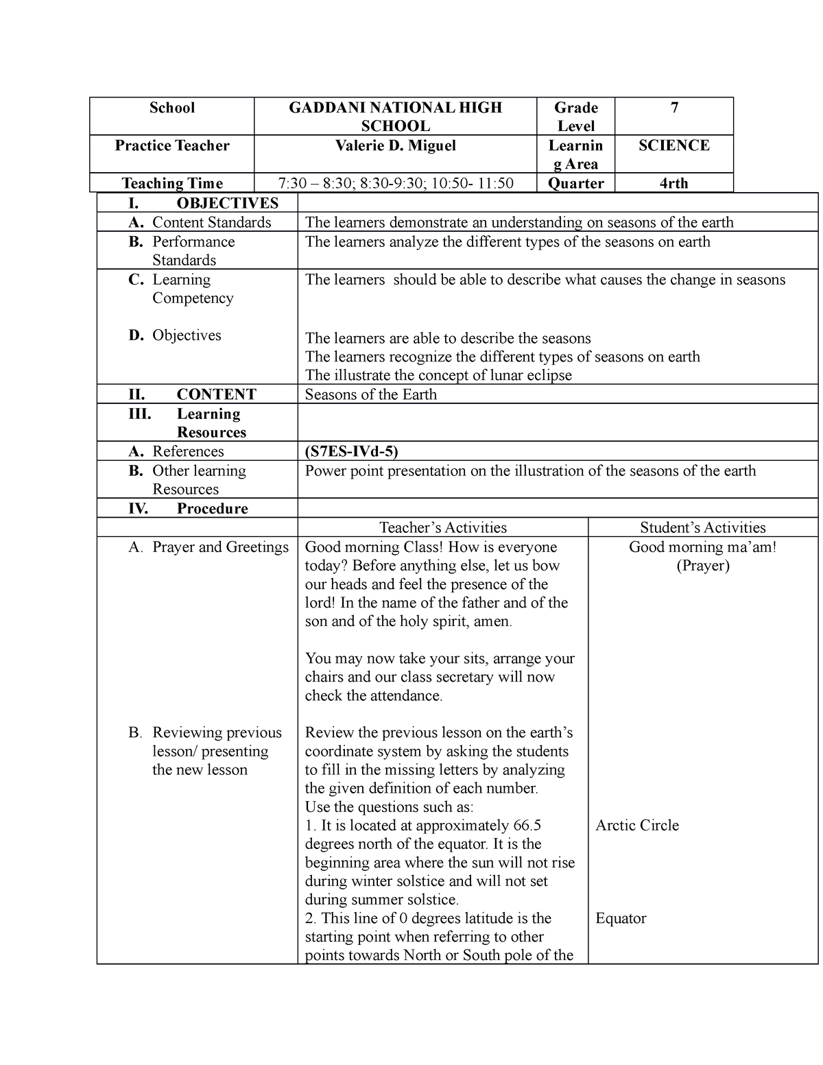 Seasons of the earth - School GADDANI NATIONAL HIGH SCHOOL Grade Level ...