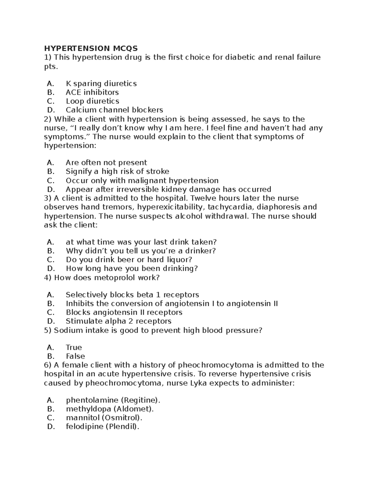 Hypertesion MCQS - Hypertension Mcqs By Mr. Natunga Ronald ...