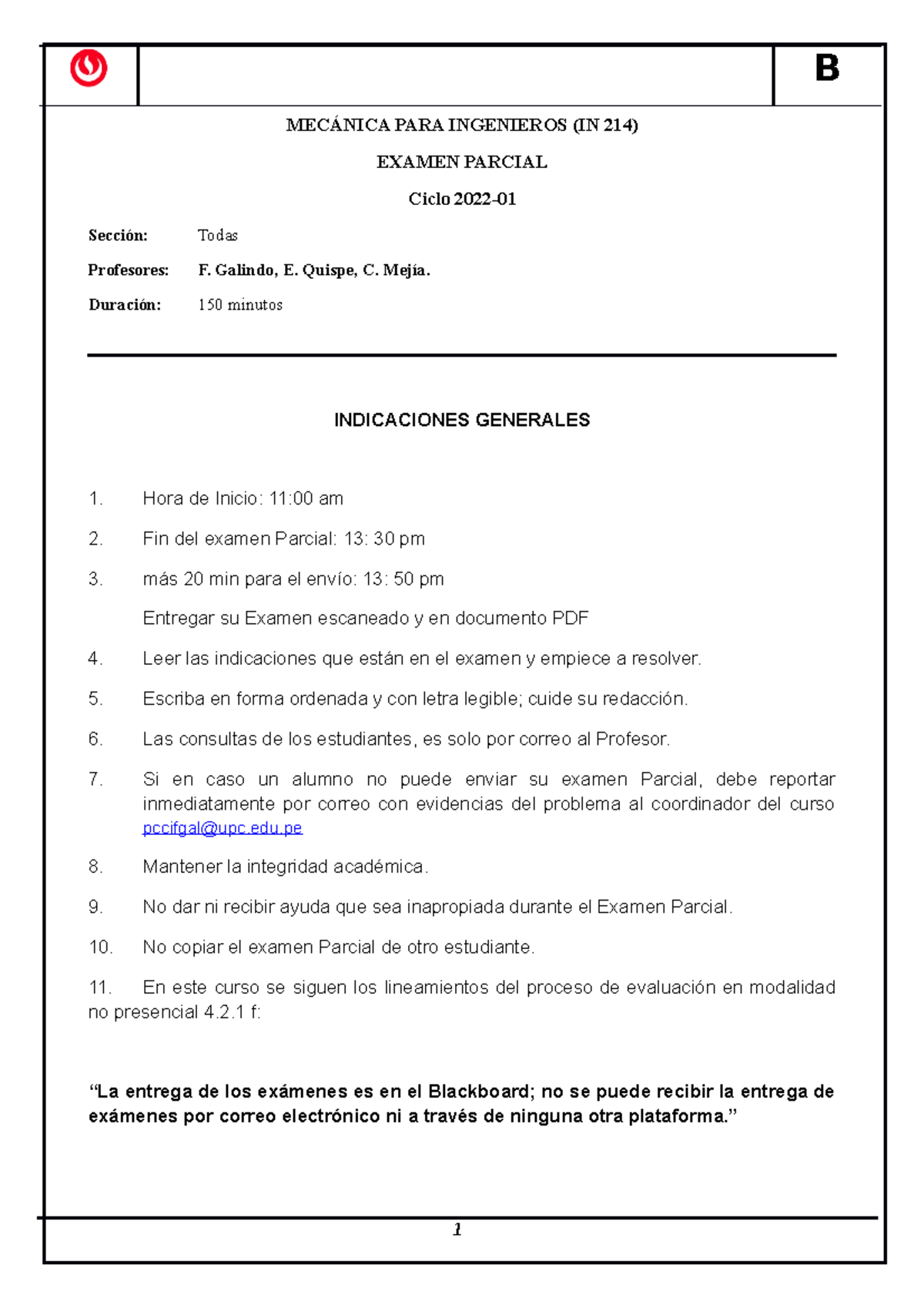 Parcial Tipo B 2022 - B MECÁNICA PARA INGENIEROS (IN 214) EXAMEN ...