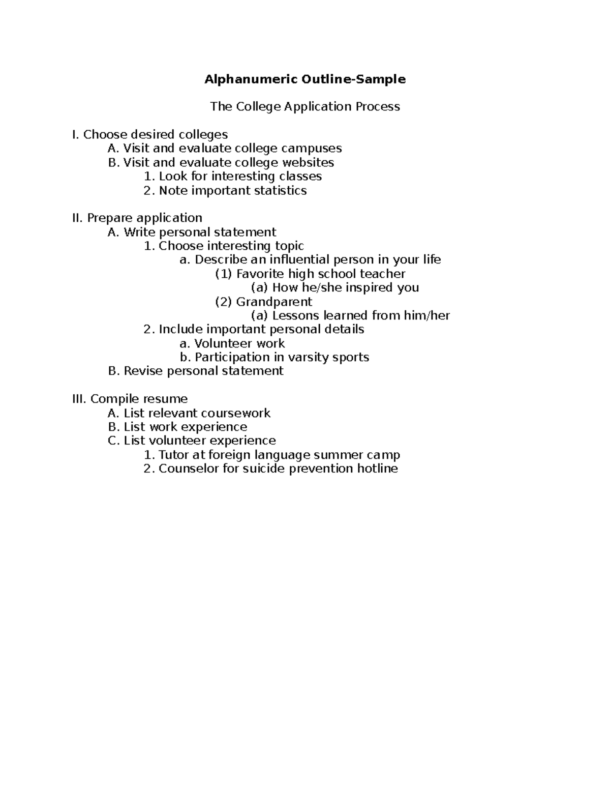 Alphanumeric outline sample 1 Alphanumeric OutlineSample The College