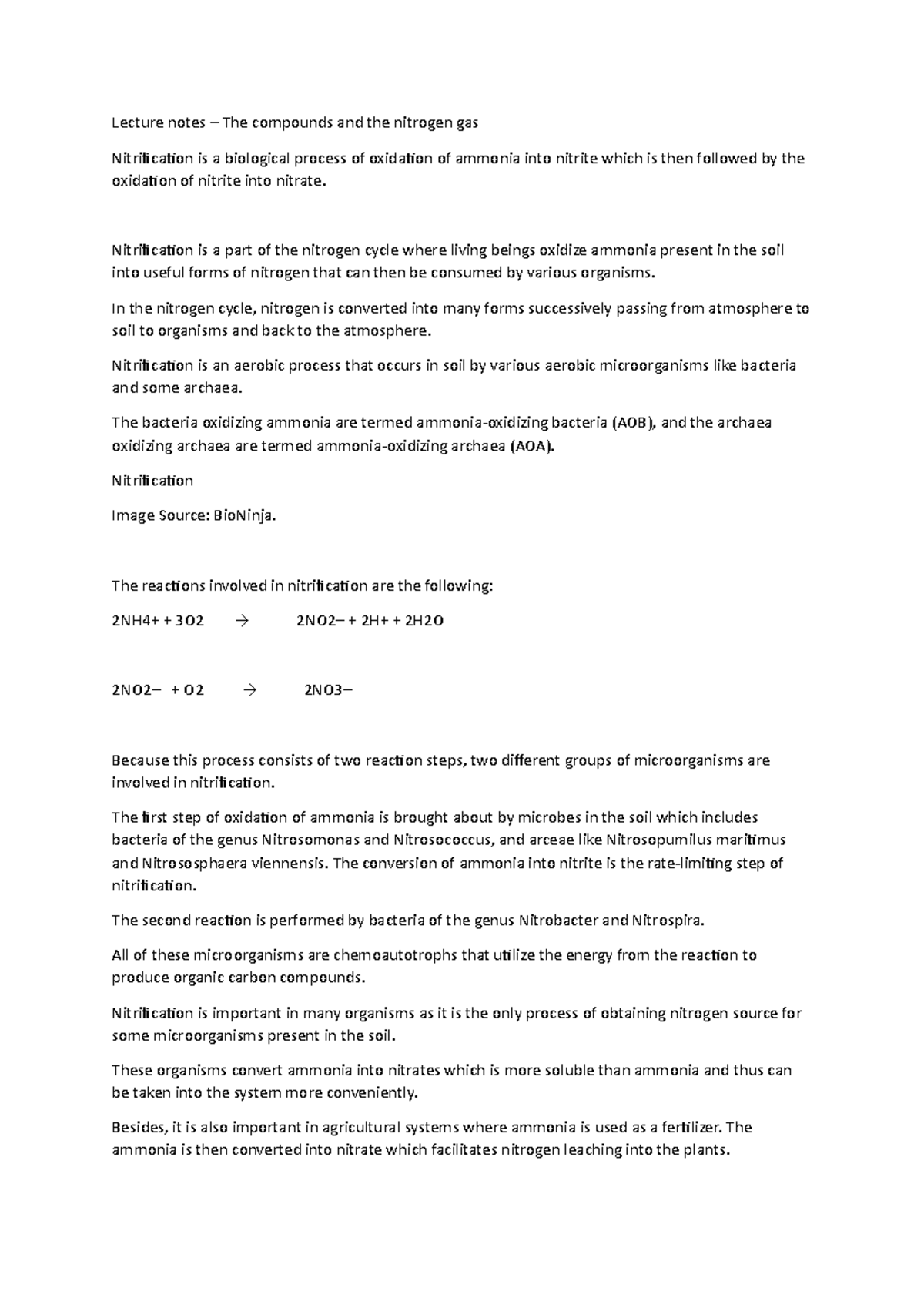 Lecture notes – The compounds and the nitrogen gas - Nitrification is a ...