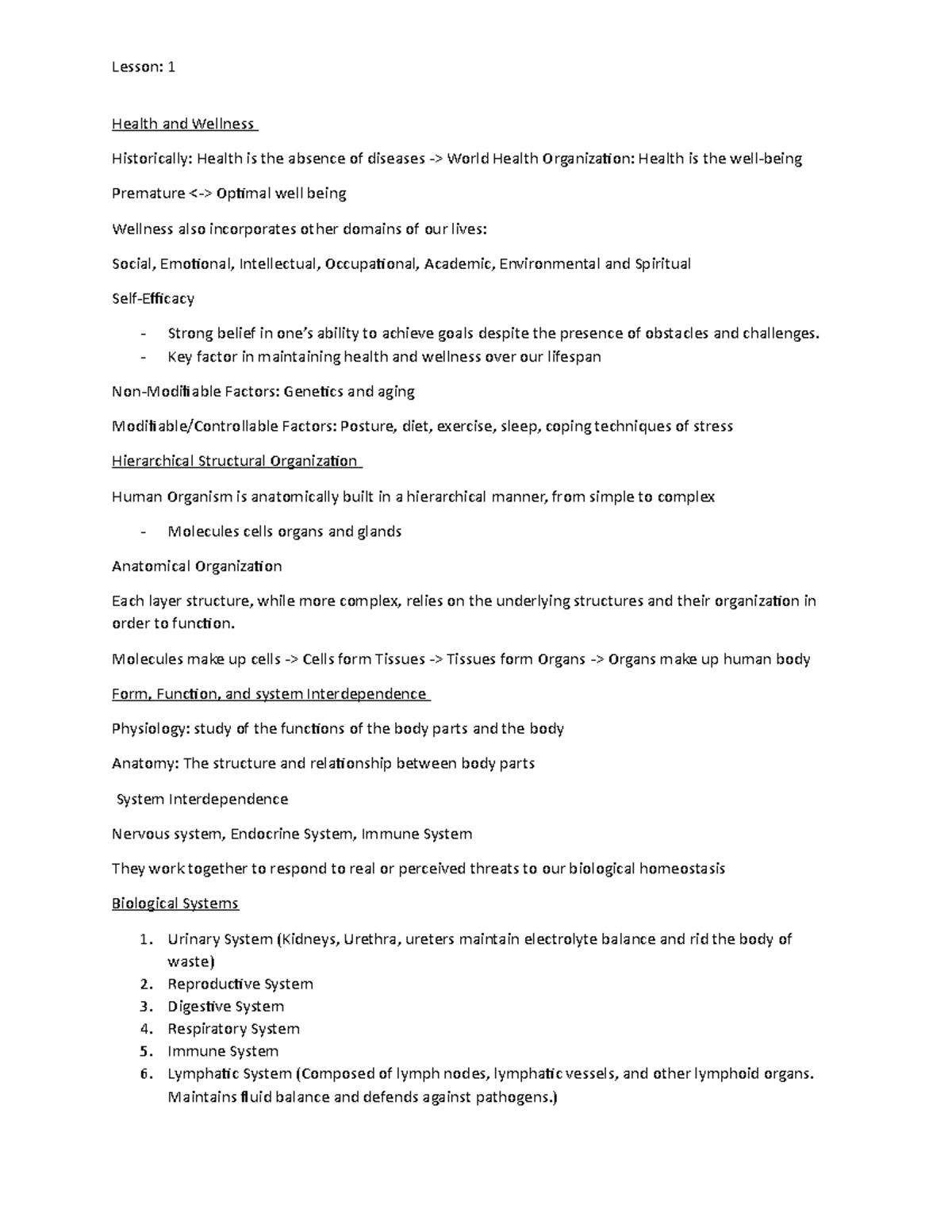 Lesson 1 - Lecture notes 1 - Lesson: 1 Health and Wellness Historically ...
