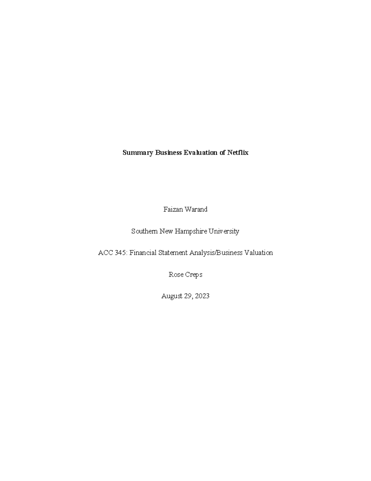 ACC 345 Business Valuation Template - Summary Business Evaluation of ...