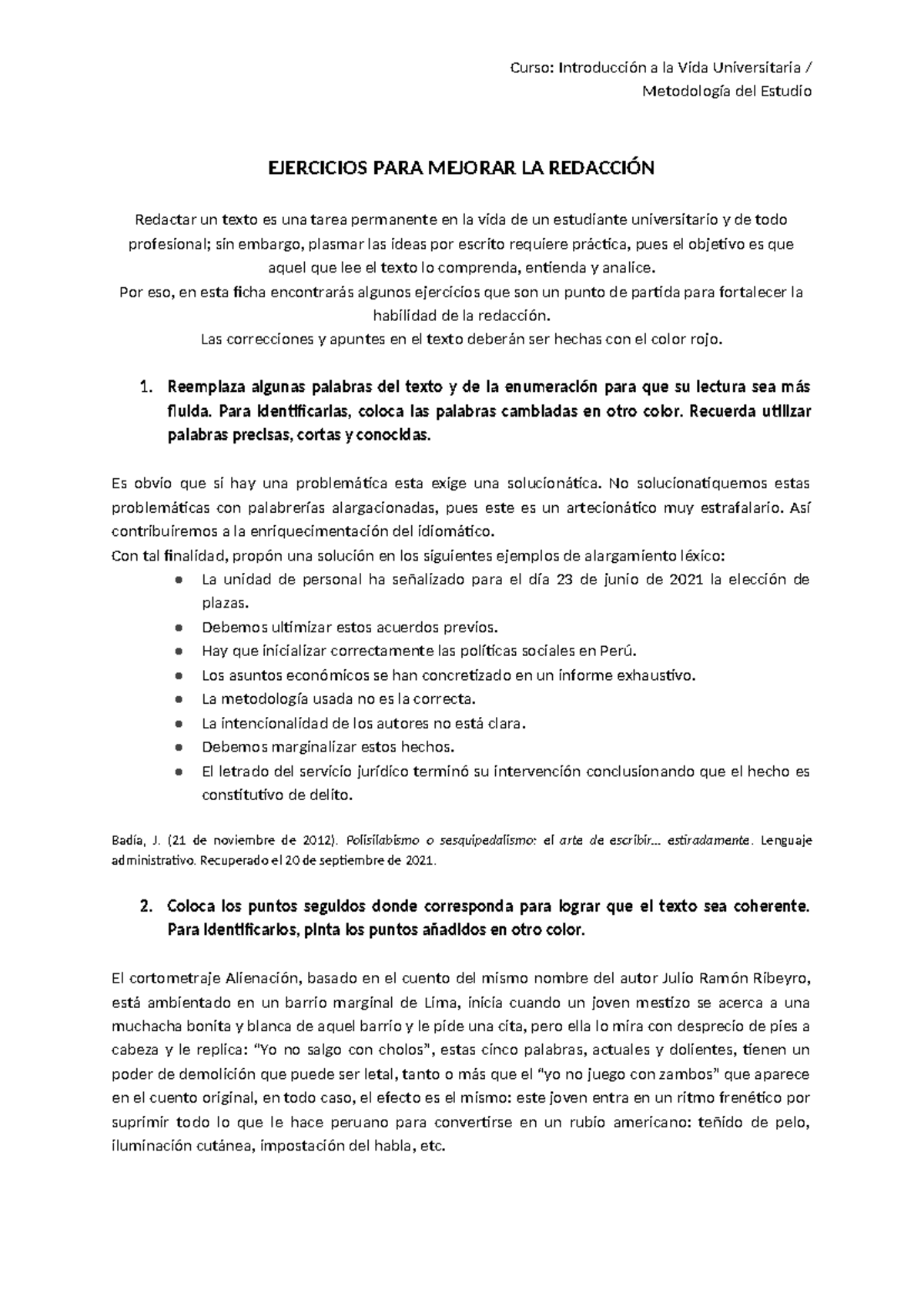 4. Ejercicios para mejorar la redacción - Curso: Introducción a la Vida ...