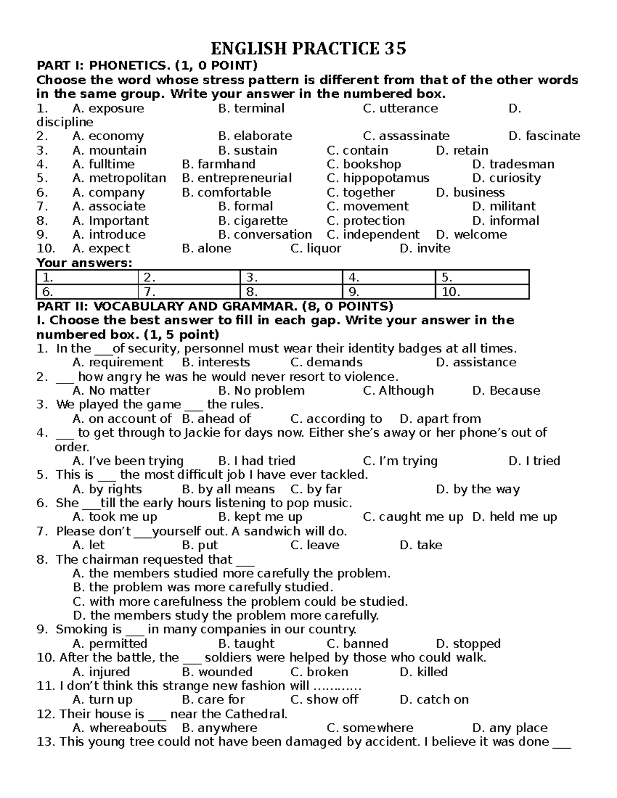 20 MAY Practice 35 - nmv - ENGLISH PRACTICE 35 PART I: PHONETICS. (1, 0 ...