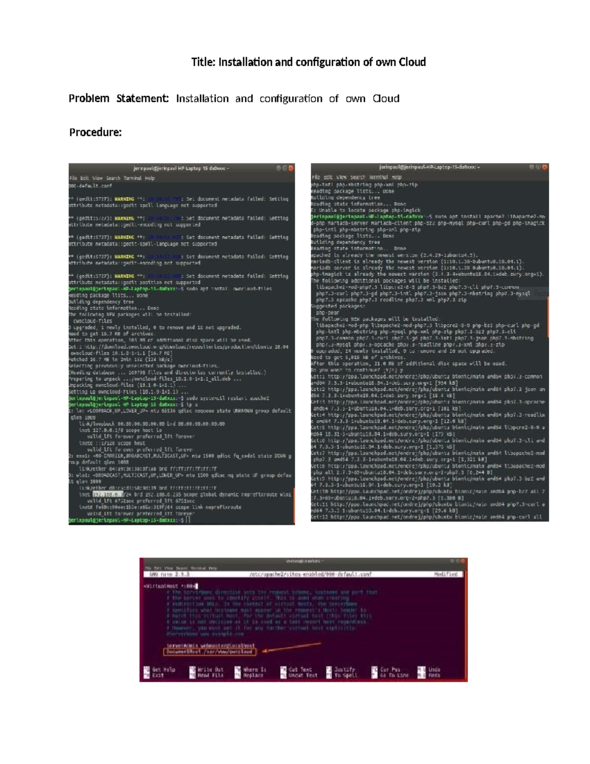 Cloud Computing - Title: Installation and configuration of own Cloud ...