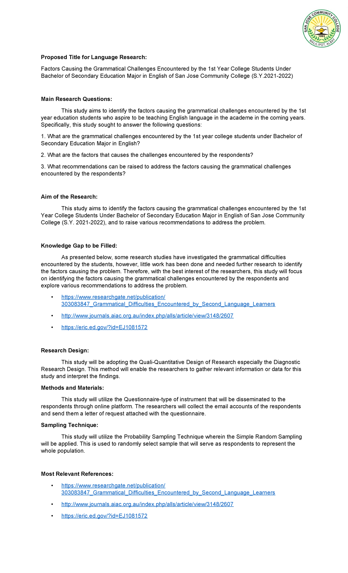 Proposed Title for Language Research ( Malilipot) - Proposed Title for ...