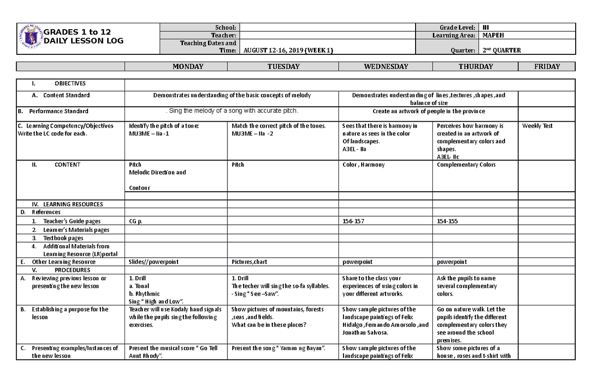 Dll Mapeh 3 Q2 Week 1 - Education - Grades 1 To 12 Daily Lesson Log 