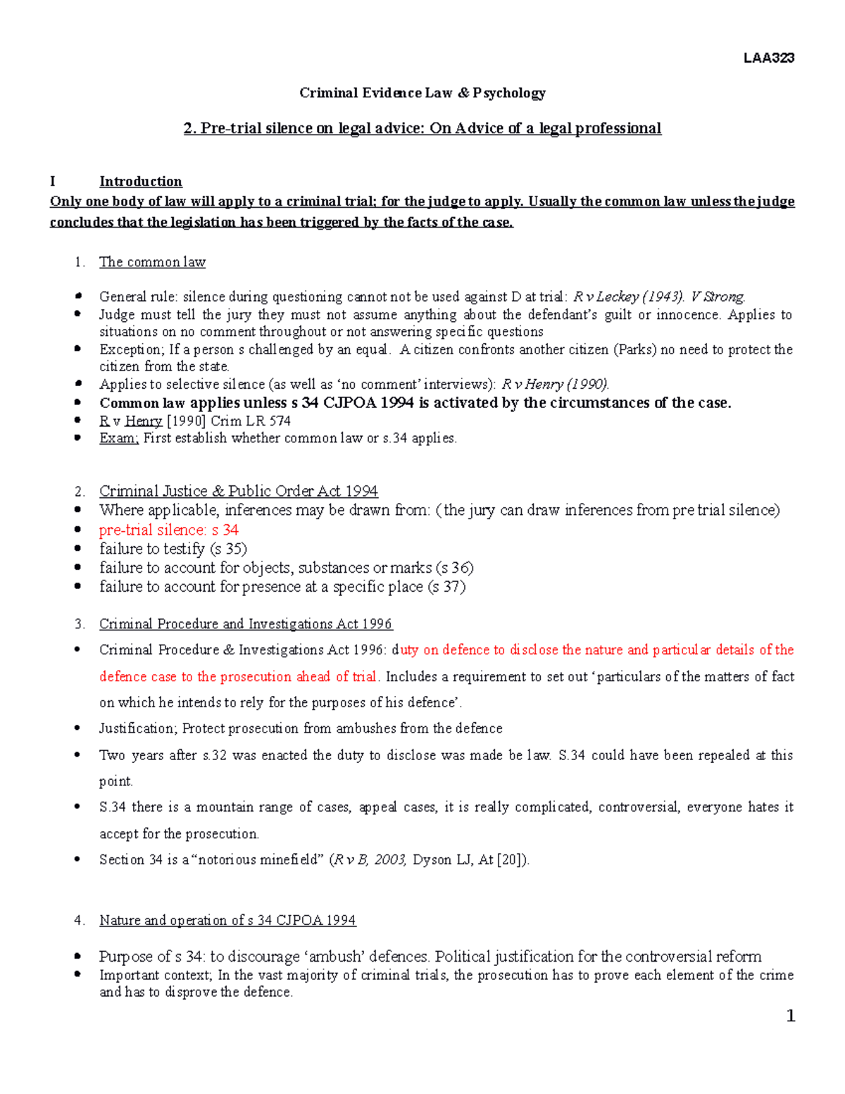 Pre trial silence LEcture 1 LAA Criminal Evidence Law & Psychology 2