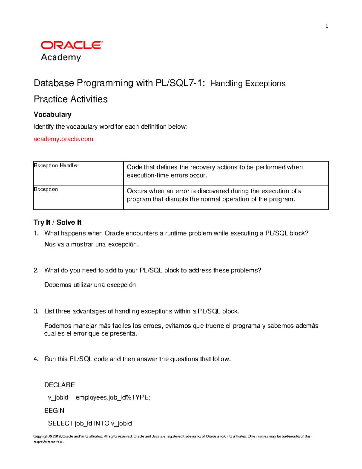 Plsql 7 1 Practice - Copyright © 2019, Oracle and/or its affiliates ...