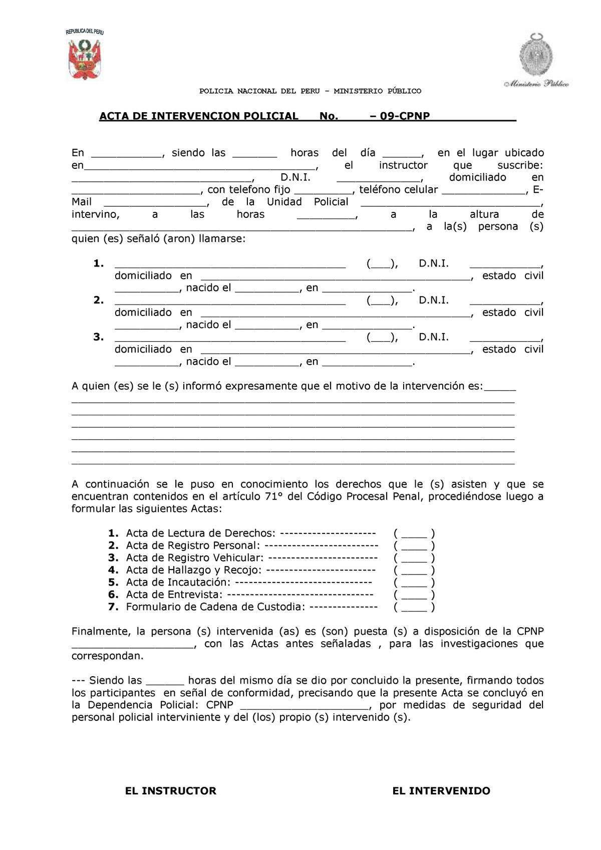 Acta De Intervención Policial Y Sus Derivados P O L I C I A N A C I O N A L D E L P E R U M 9173