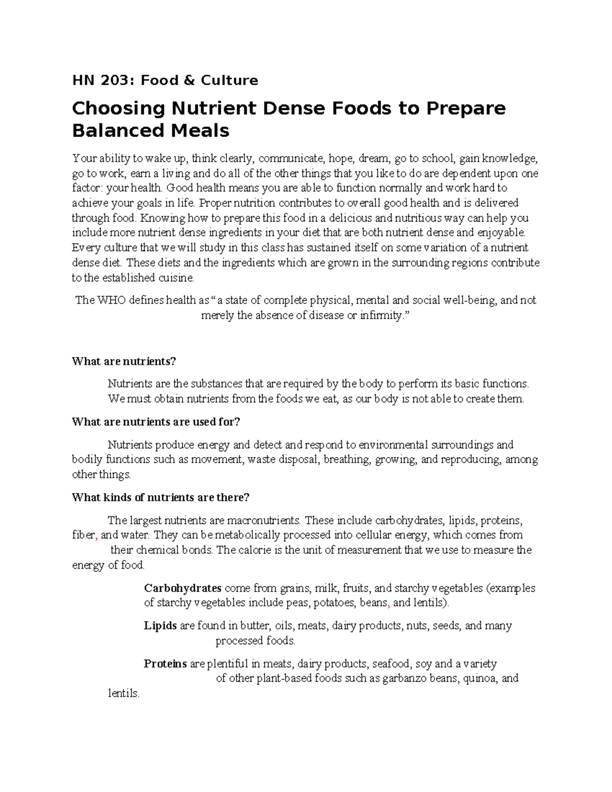 HN 203 Recipes Nutrient Dense Meals HN 203 Food & Culture Choosing