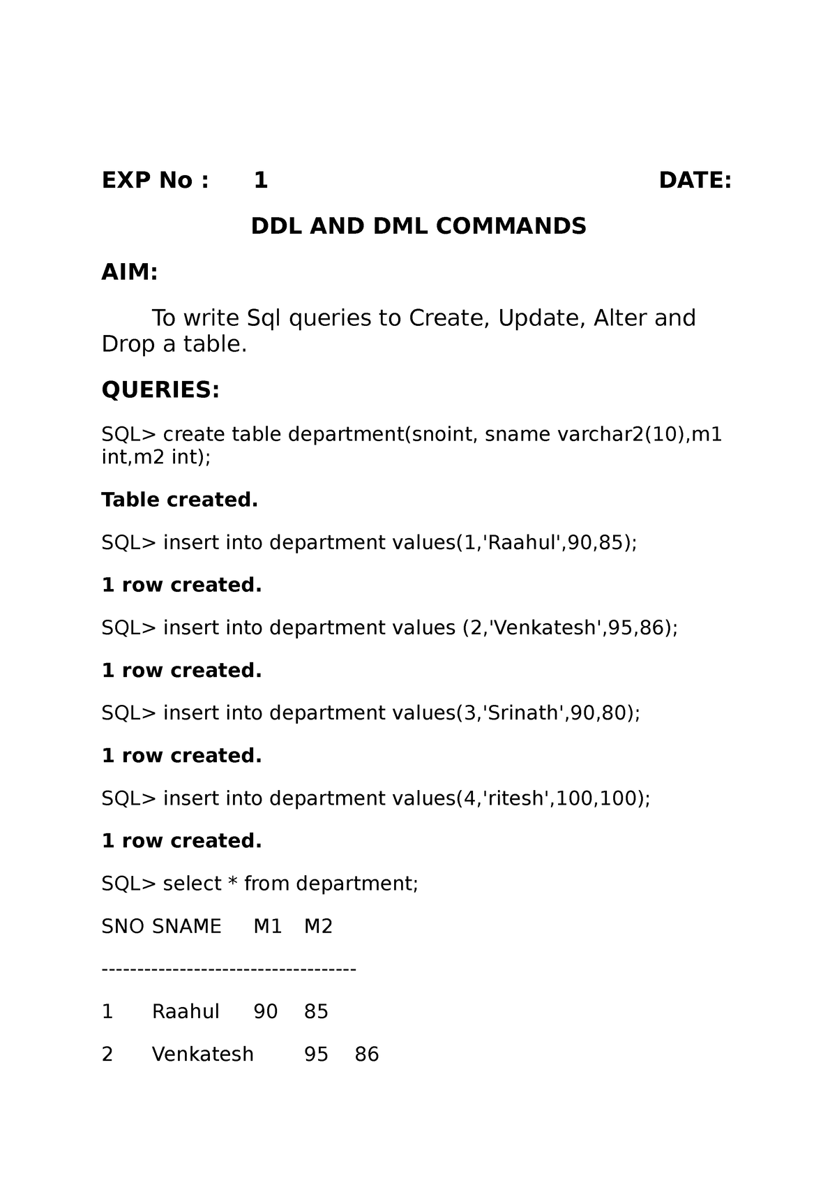 DBMS Final record EXP No 1 DATE DDL AND DML COMMANDS AIM To write