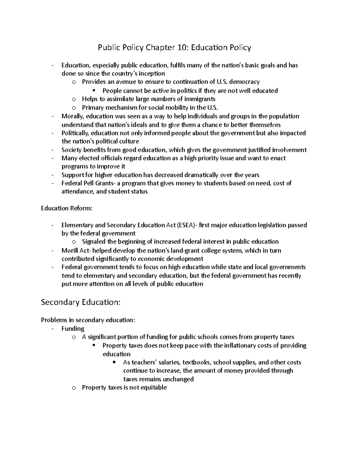 Public Policy Chapter 10 Notes - Public Policy Chapter 10: Education ...