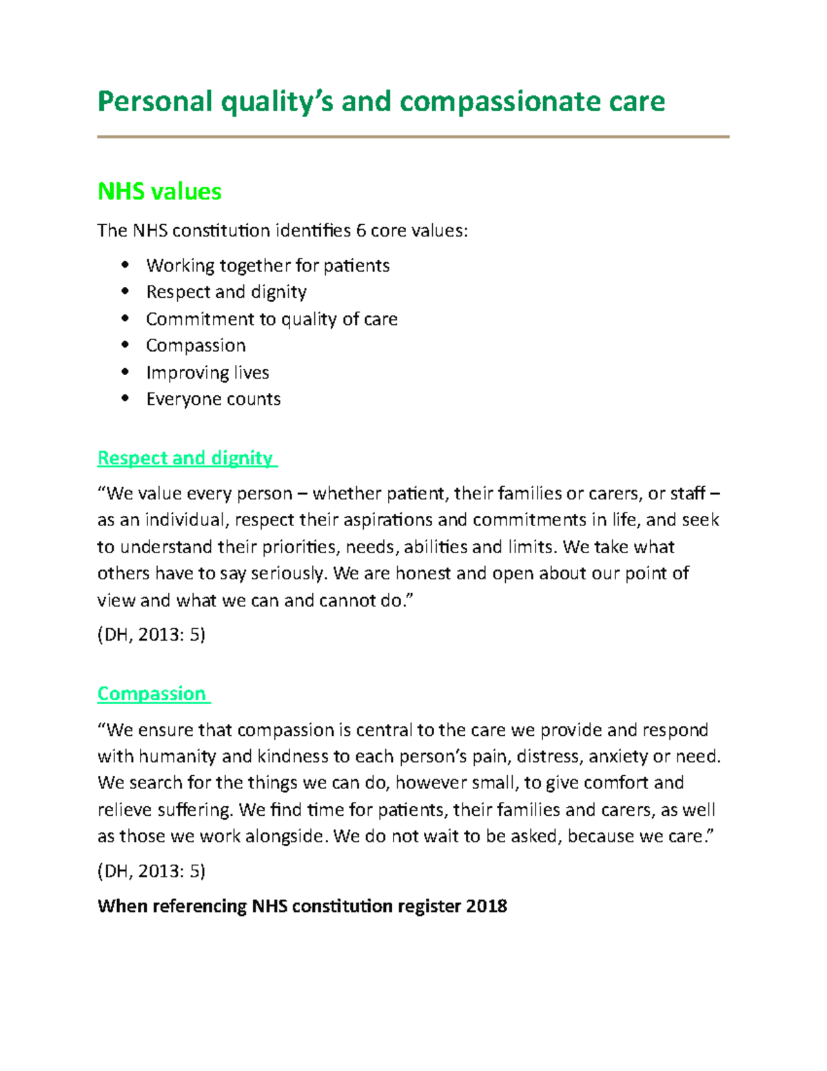 Personal quality - Personal quality’s and compassionate care NHS values ...