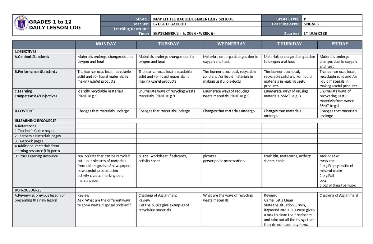 DLL Science 5 Q1 W6 - Daily Lesson Log - GRADES 1 to 12 DAILY LESSON ...