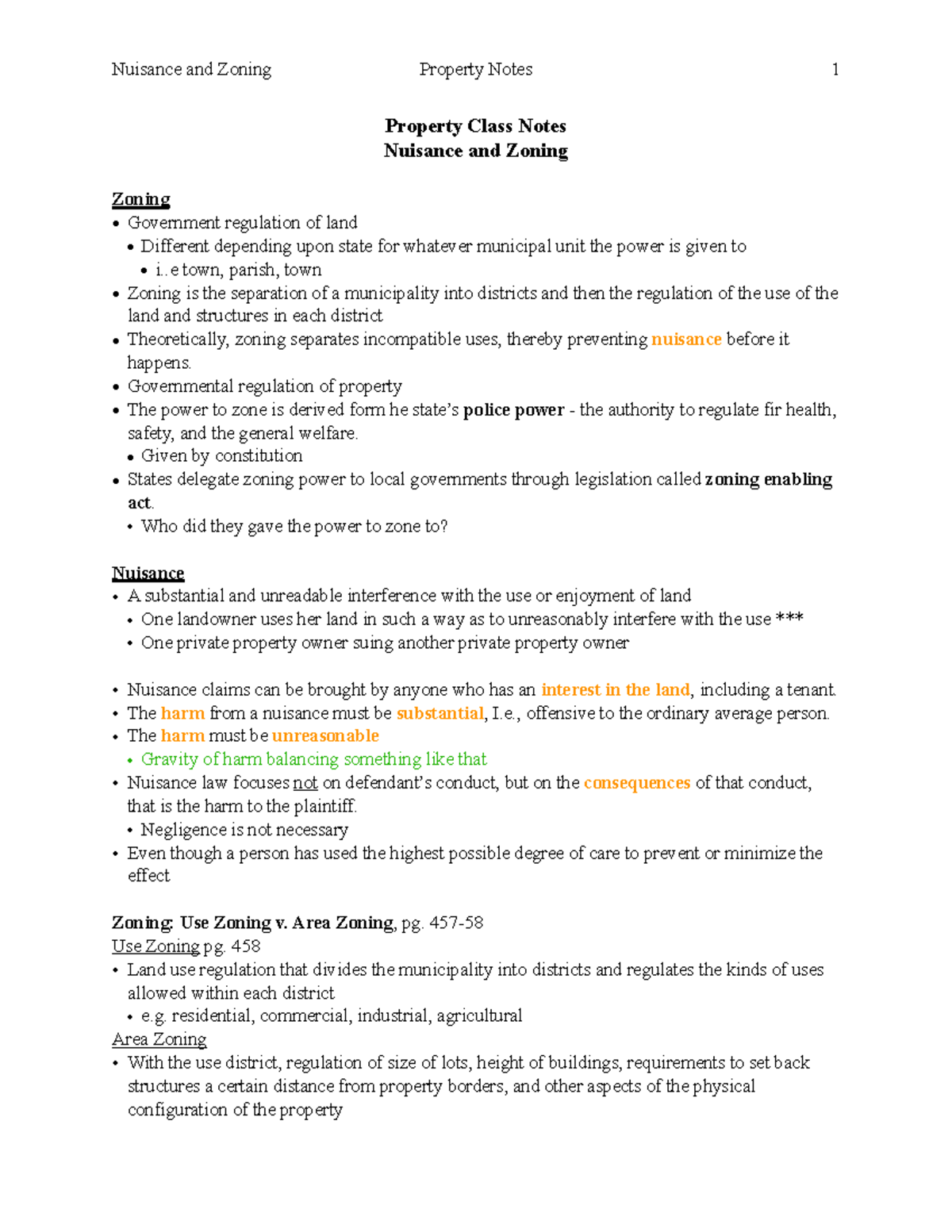 Nuisance and Zoing Property Class Notes Nuisance and Zoning Zoning