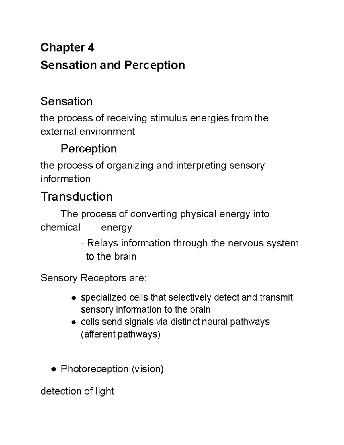 Sensation And Perception - Chapter 4 Sensation And Perception Sensation ...