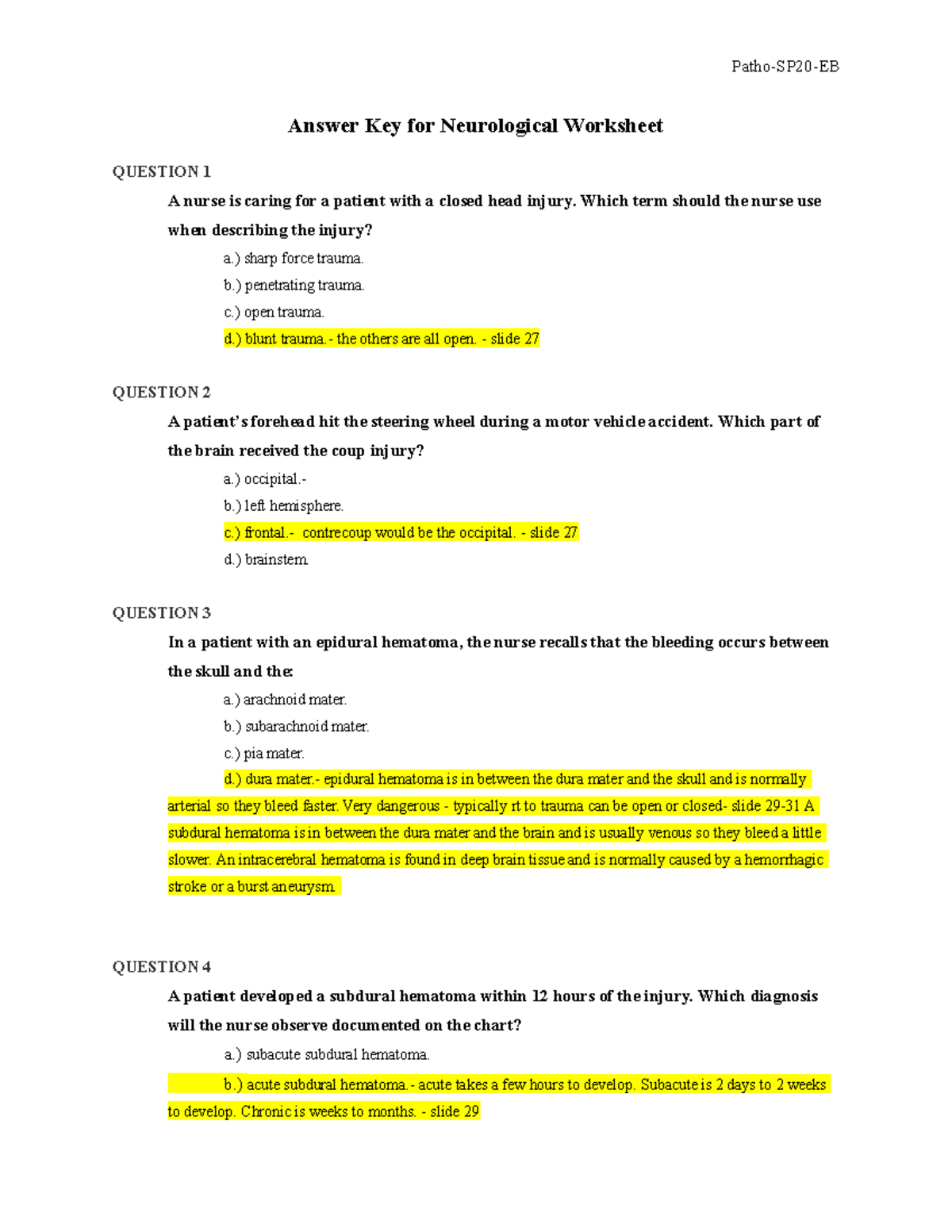 Neurological Worksheet key - Answer Key for Neurological Worksheet ...