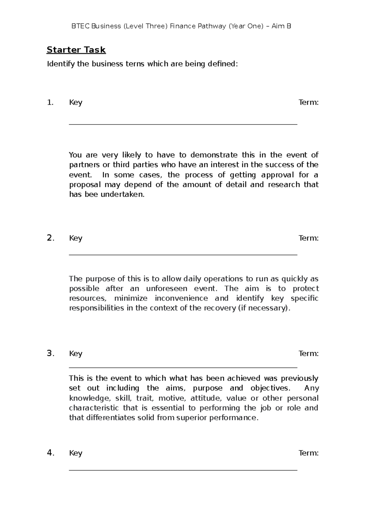 Starter Task - Part A And B - BTEC Business (Level Three) Finance ...