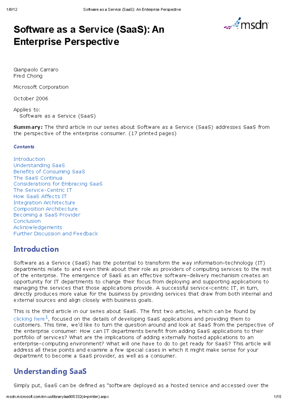 Software as a Service (Saa S) An Enterprise Perspective - SoftZare as a ...