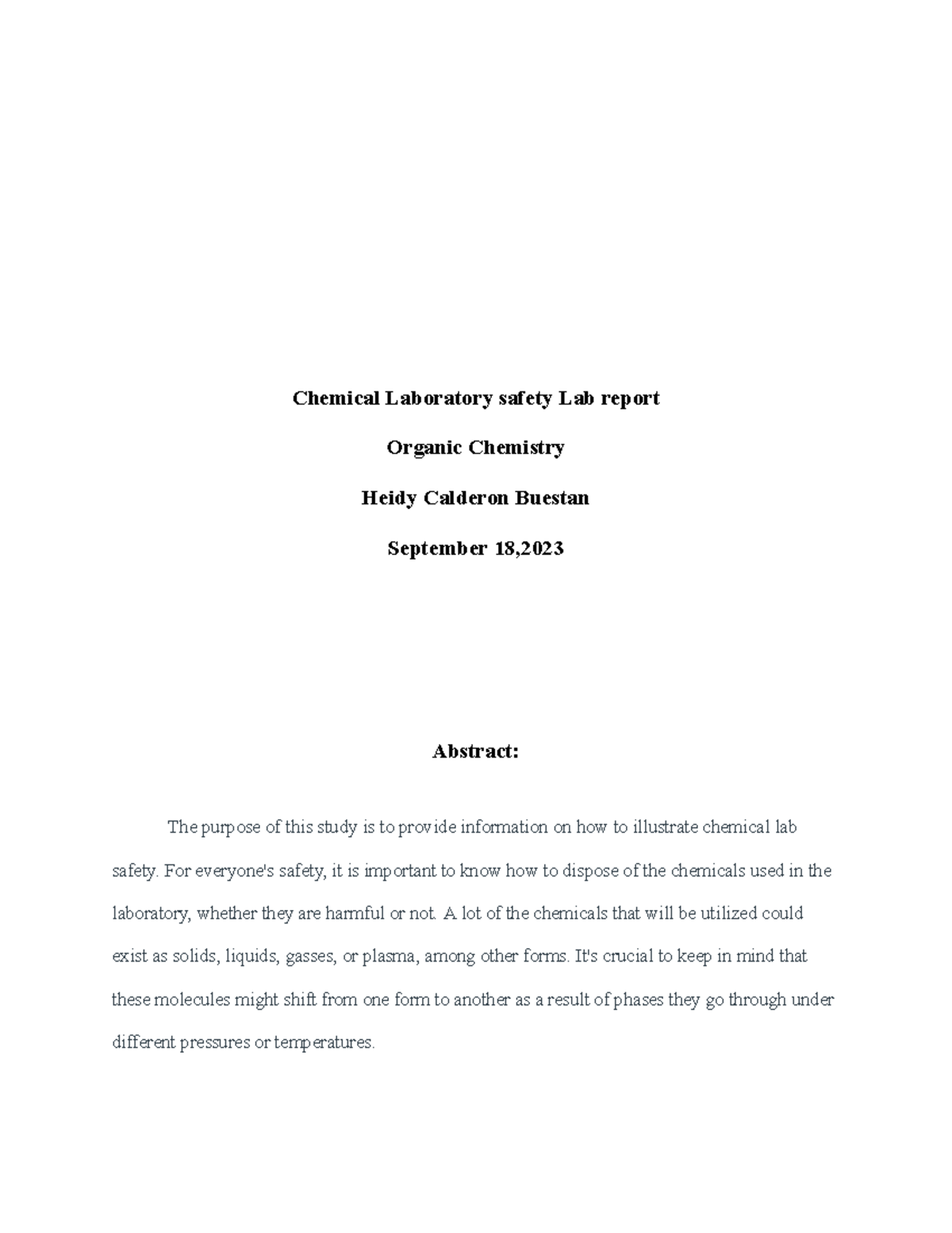 Chemical Laboratory safety Lab report - For everyone's safety, it is ...