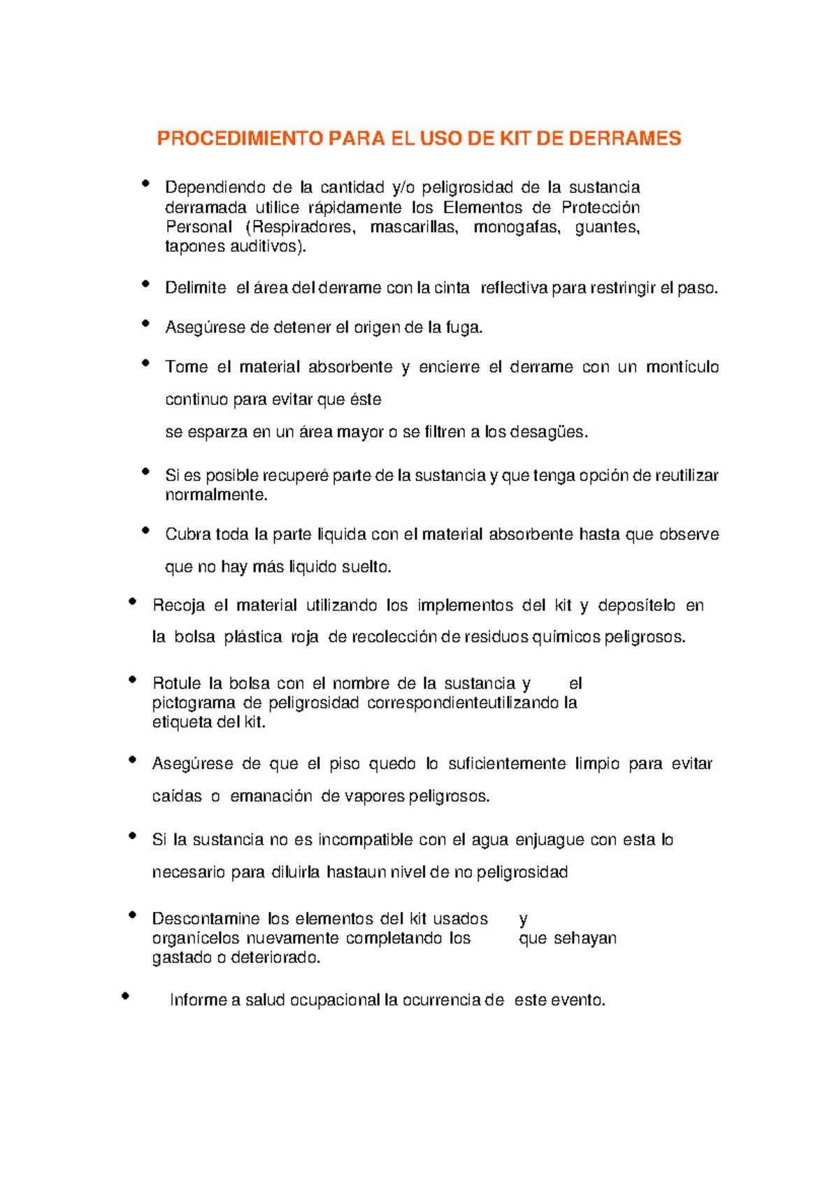 Procedimiento PARA EL USO DE KIT DE Derrames - PROCEDIMIENTO PARA EL ...