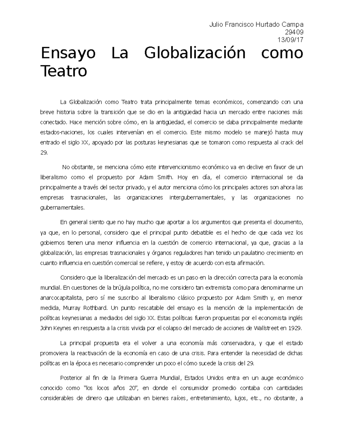 Ensayo La Globalizaci n Como Teatro Julio Francisco Hurtado Campa